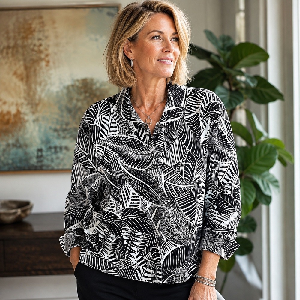 Additions by Chicos Black White Tropical Palm Leaf Cotton Jacket Size 3 XL